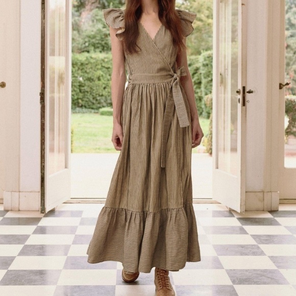 The GREAT. Spree Frontier Stripe Prairie Cottagecore Flutter Wrap Maxi Dress 1